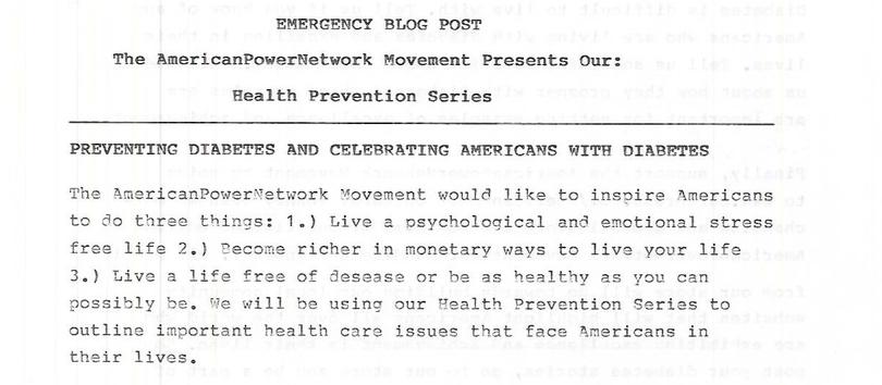 Emergency Blog Post: The AmericanPowerNetwork Movement Presents Our: Health Prevention Series