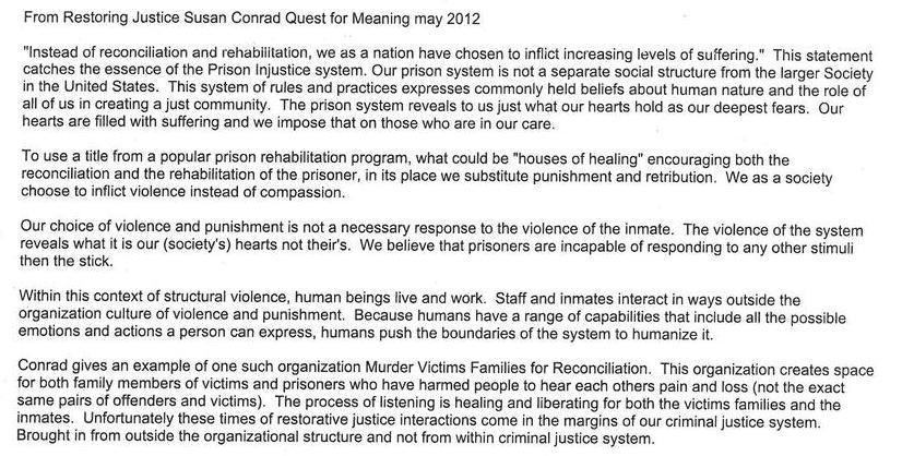 From Restoring Justice Susan Conrad Quest for Meaning, May, 2012