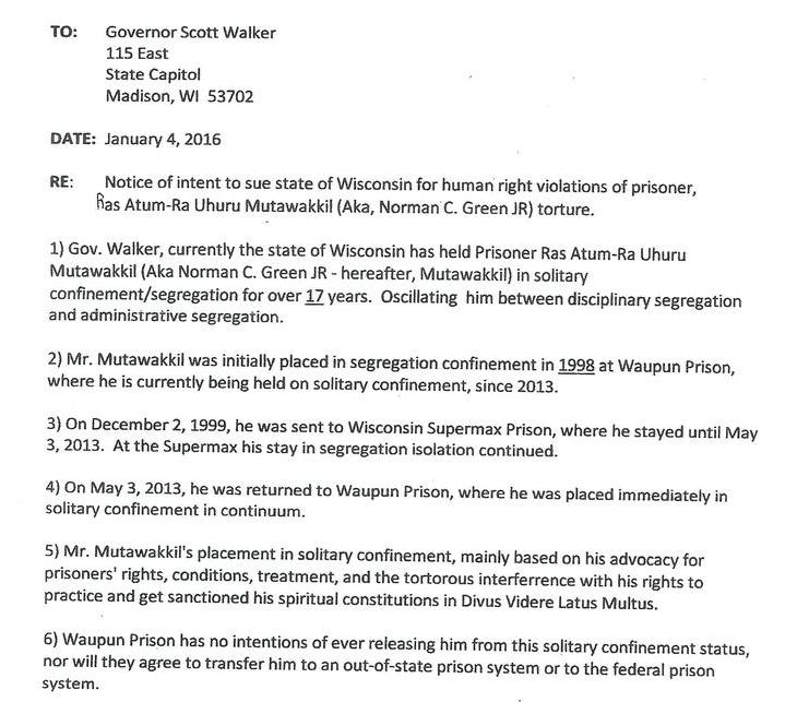 Notice of intent to sue state of Wisconsin for human rights violations of prisoner