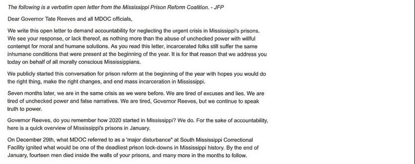 An Open Letter To Governor Tate Reeves And MDOC