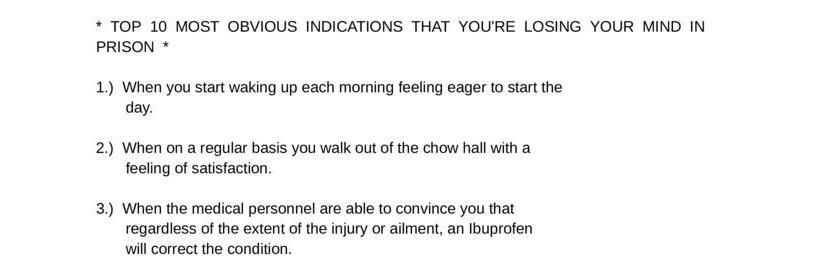 Top 10 Most Obvious Indications That You're Losing Your Mind in Prison