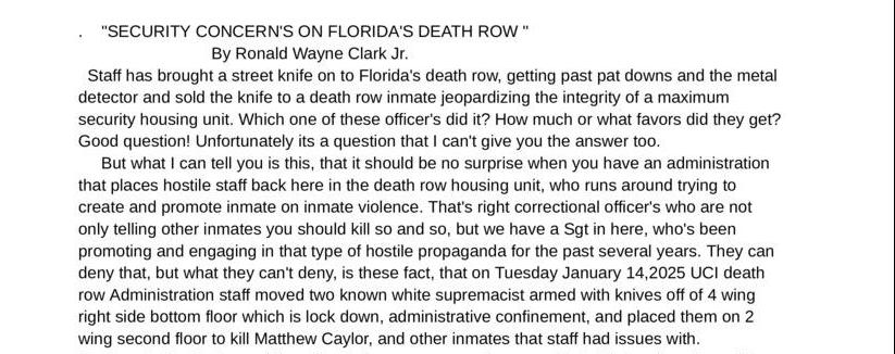 Security Concerns on Flordia's Death Row