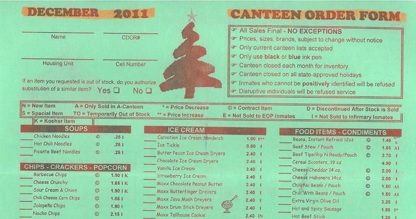 Canteen Commissary List