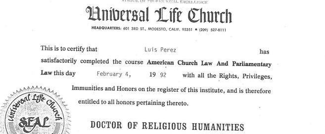 Universal Life Church Doctorate of Religous Humanities