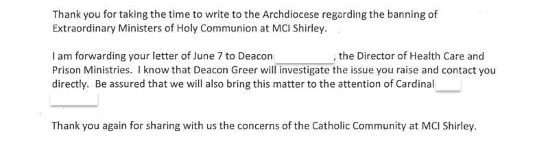 Banning of Extraordinary MInisters of Holy Communion at MCI Shirley