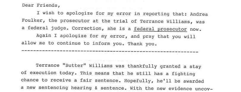 A Correction/and T. Williams' Stay of Exectution