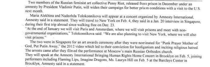 Pussy Riot Members To Speak At Amnesty Concert In NYC