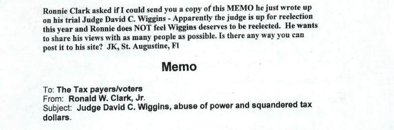 Ronald Clark Jr's Memo Re: Judge David Wiggins' Political Aspirations; May 11, 2006