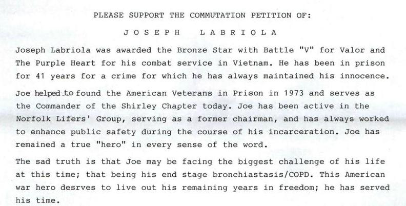 Please Support the Commutation Petition of: Joseph Labriola