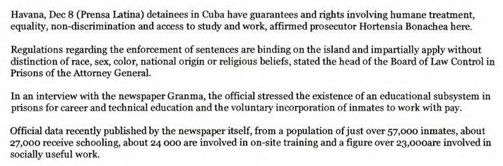 Cuba Highlights Guarantees, Rights of Inmates