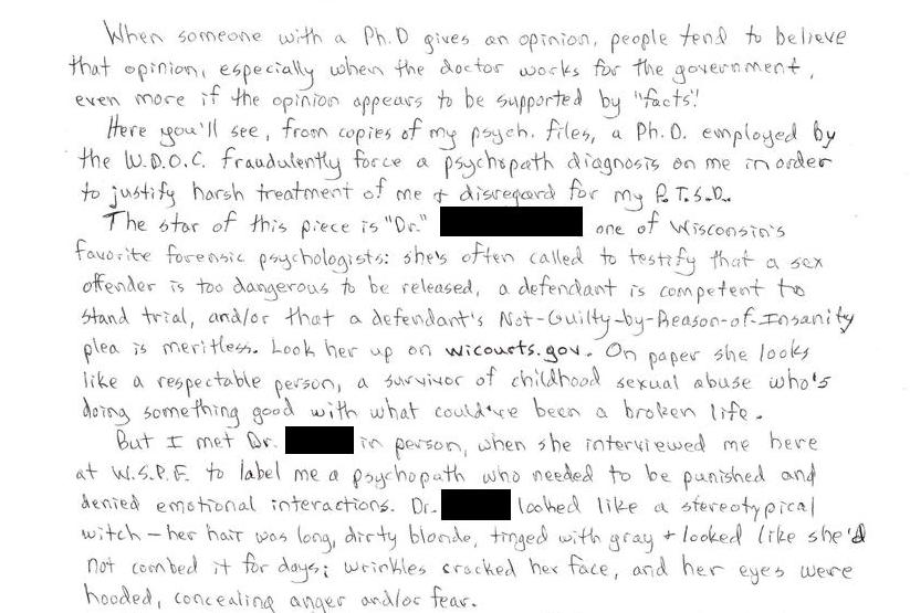 An Example of a Wisconson D.O.C. Psychologist Deliberately Misdiagnosing a Prisoner as a Psychopath to Justify Denying Treatment for PTSD