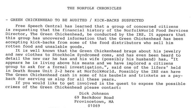 The Norfolk Chronicles: Green Chickenhead to be Audited / Kick-backs Suspected