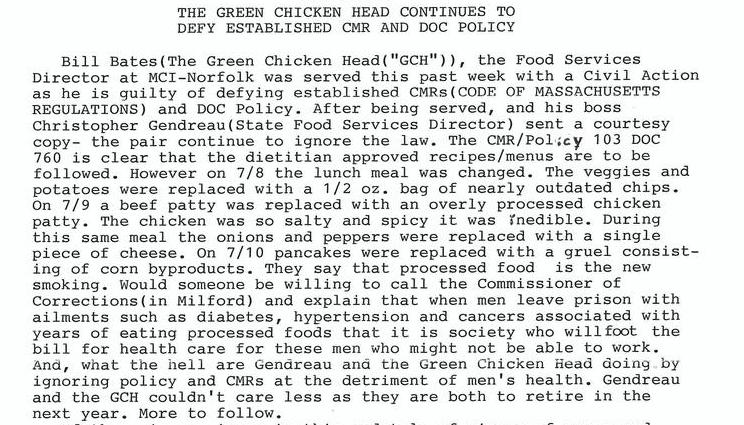 The Green Chicken Head Continues o Defy Established CMR and DOC Policy