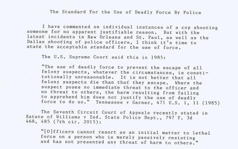 The Standard For the Use of Deadly Force By Police