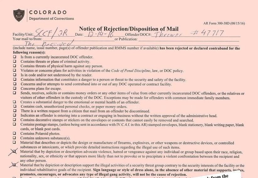 Notice of Rejection / Disposition of Mail