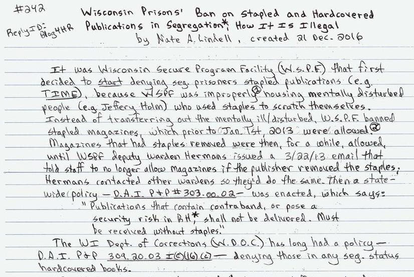 Wisconsin Prisoners' Ban on Stapled and Hardcover Publications in Segregation, How it is Illegal