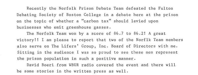 Norfolk Prison Debate Team Beats Boston College Debating Society