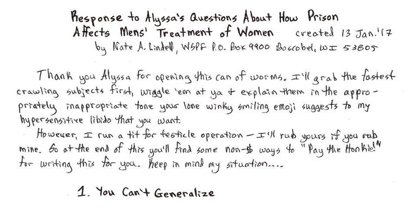 Response to Alyssa's Questions about How Prison Affects Mens' Treatment of Women