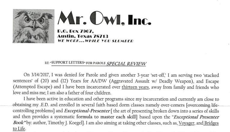 Support letters for parole special review