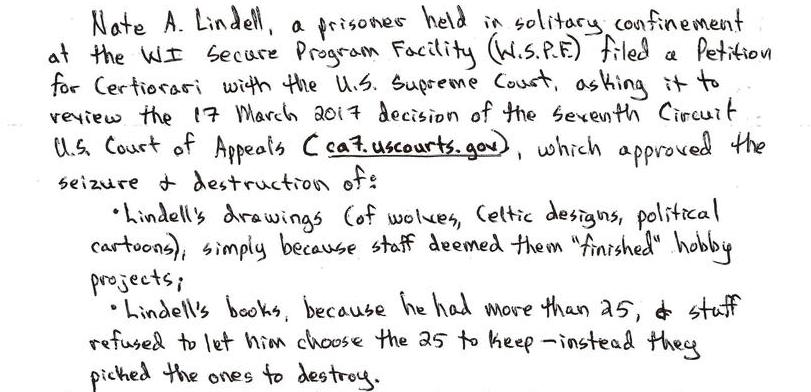 WI Supermax Prisoner Asks Supreme Court to Review Appellate Court's Approval of Prison Staff Destroying His Educational Books + Drawings