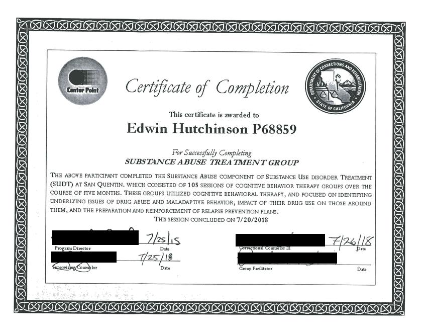 Between the Bars Certificate of Completion of Substance Abuse