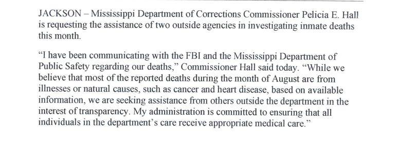 MDOC requests assistance from other agencies on inmate deaths
