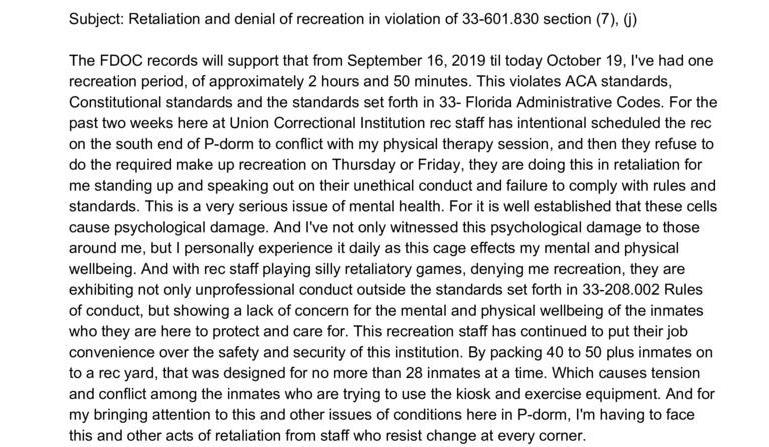 Formal Complaint: Retaliation and denial of recreation