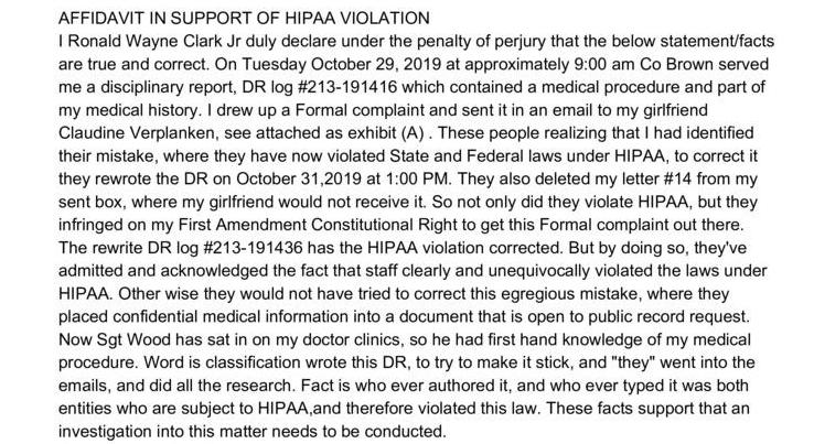 Affidavit in support of HIPAA violation