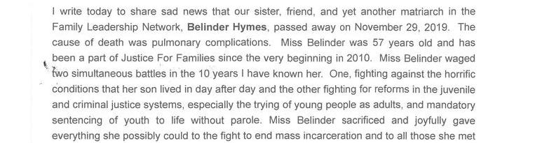 In Memory Of Our Sister, Belinder Hymes