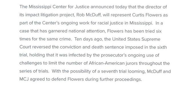 MCJ and Rob McDuff to Rebresent Curtis Flowers as his case returns from the US Supreme Court