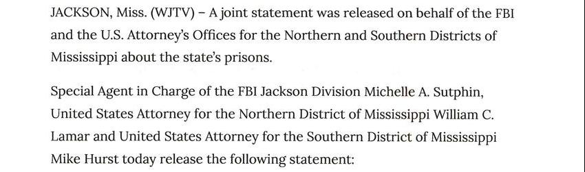 FBI Releases Statement About Mississippi Prisons