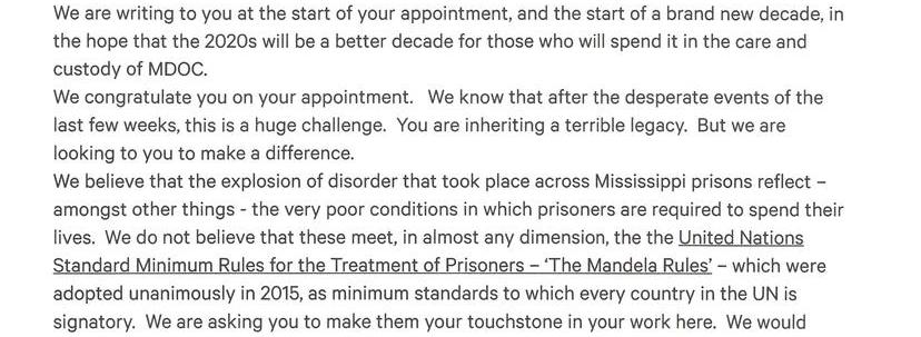 An Open Letter To The Incoming Commissioner Of The MIssissippi Department Of Corrections