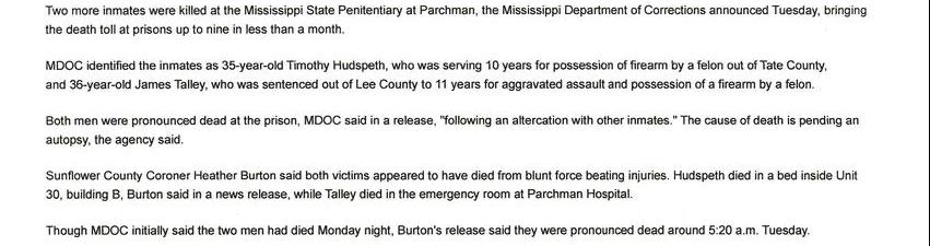 Two More Mississippi Inmates Killed At Parchman Prison. Inmate Death Toll Reaches Nine
