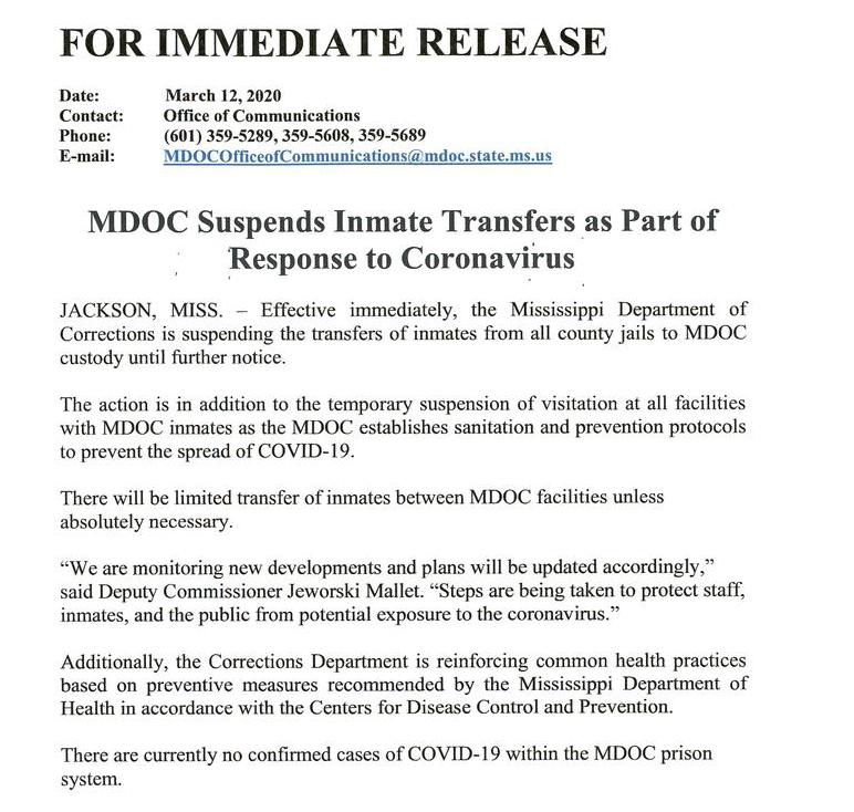 MDOC Suspends Inmate Transfers as Part of Response to Coronavirus
