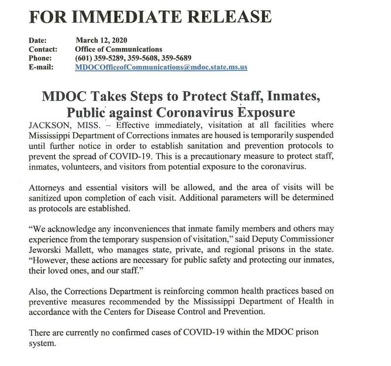 MDOC Takes Steps to Protect Staff, Inmates, Public against Coronavirus Exposure