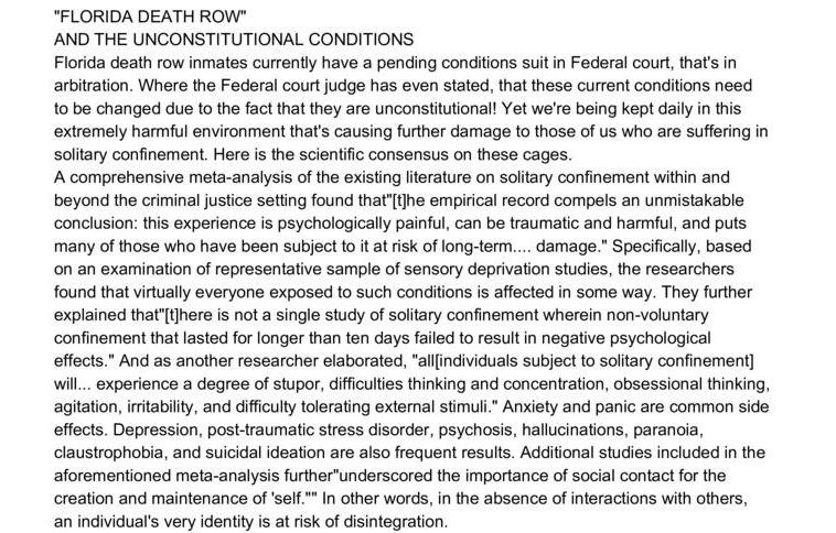 Forida Death Row and the Unconsitutional Conditions