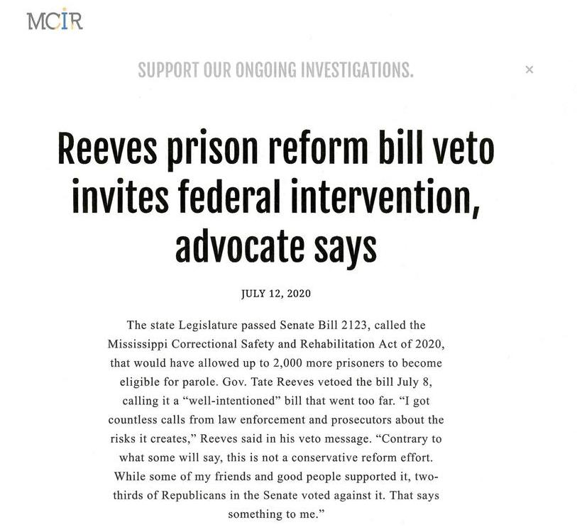 Reeves prison reform bill veto invites federal intervention, advocate says