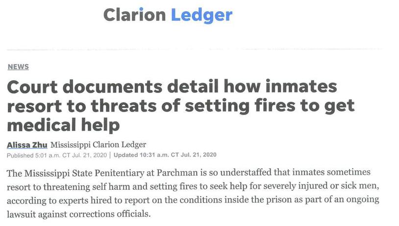 Clarion Ledger: Court documents detail how inmates resort to threats of setting fires to get medical help