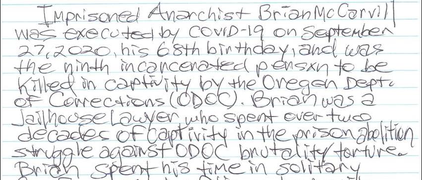 Anarchist Prisoner Brian McCarvill Executed Byu Covid-19 In Oregon
