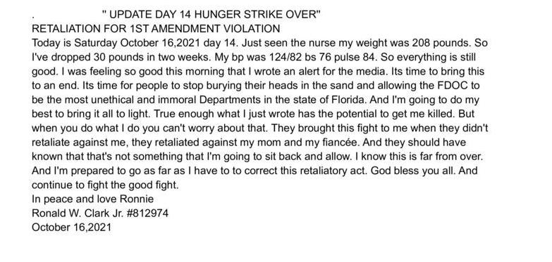 Update: Day 14 Hunger Strike