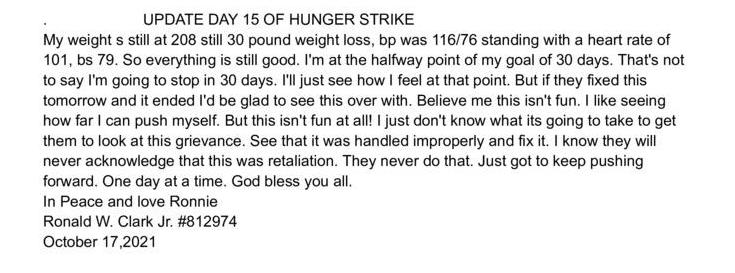 Update: Day 15 of Hunger Strike