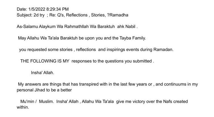 Re: Q's, Reflections, Stories, ?Ramadha