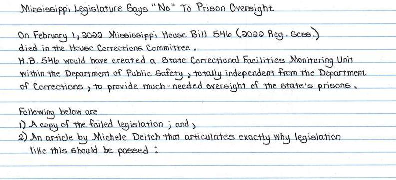 Mississippi Legislature Says “No” to Prison Oversight