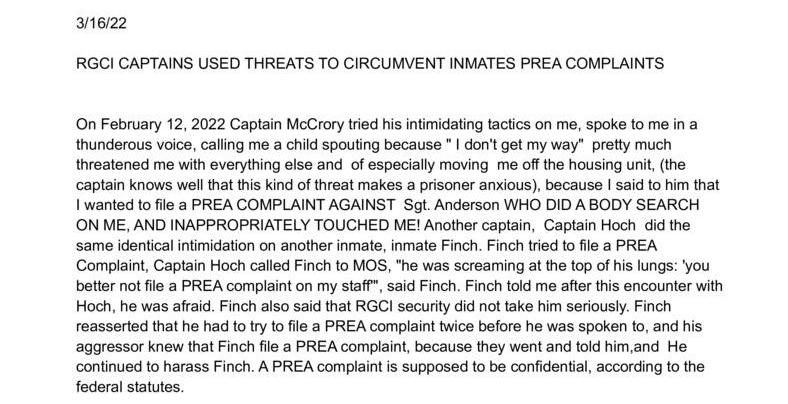 RGCI Captains used threats to circumvent inmates' PREA complaints