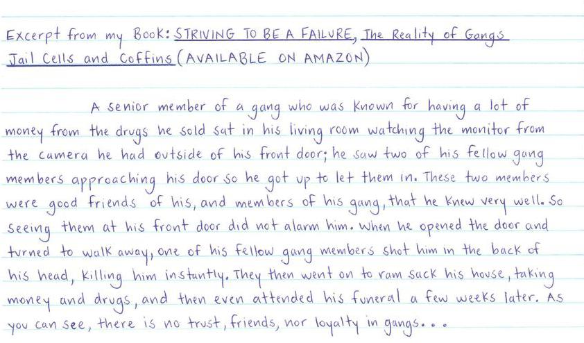 Excerpt from my book: Striving To Be a Failure, The Reality of Gangs, Jail Cells, and Coffins