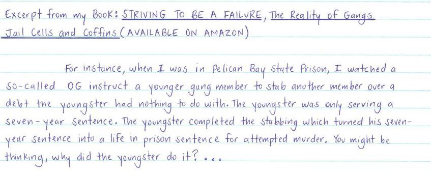 Excerpt from my book: Striving to be a Failure, the Reality of Gangs, Jail Cells and Coffins