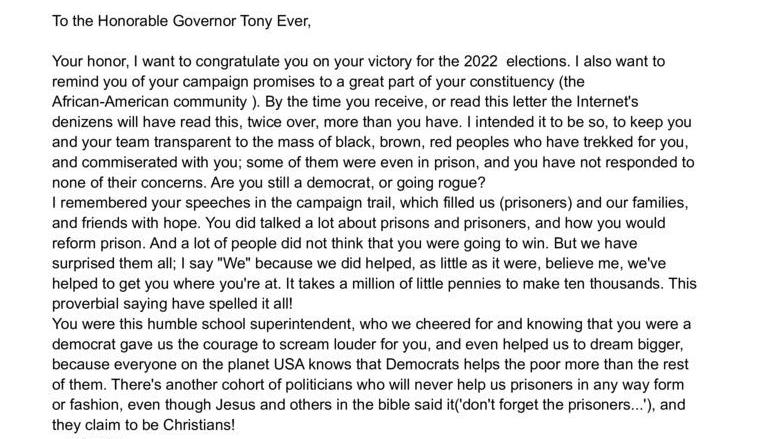To the Honorable Governor Tony Ever